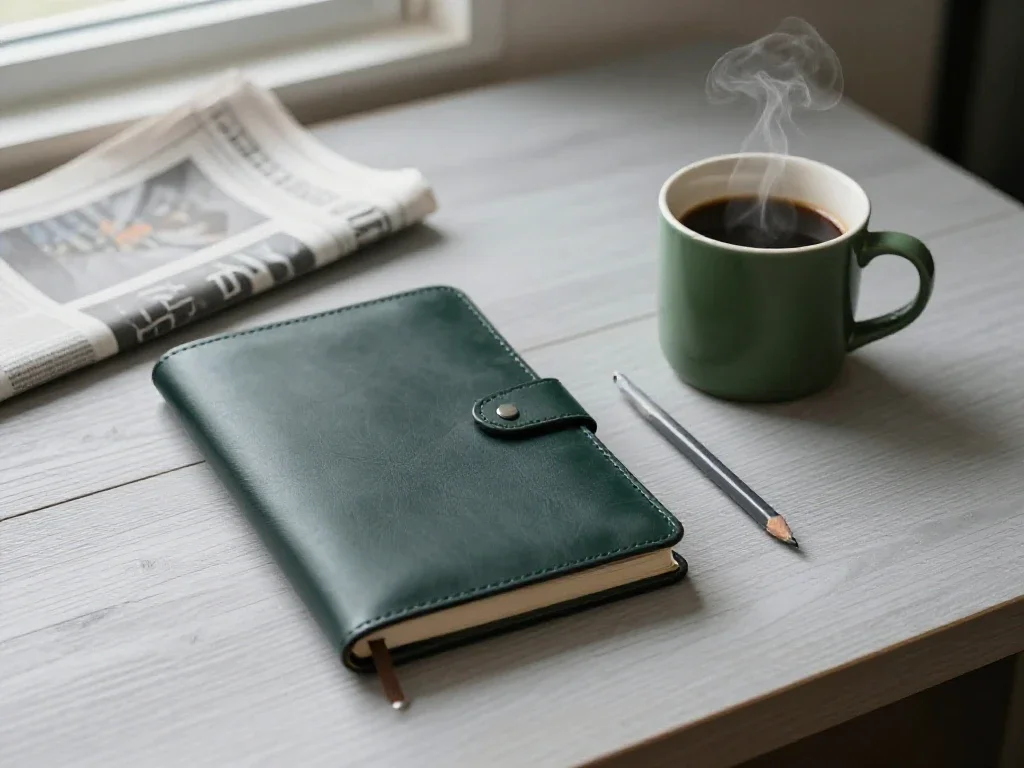 Espace de travail matinal avec carnet bleu marine, café chaud et journal sous une lumière douce.